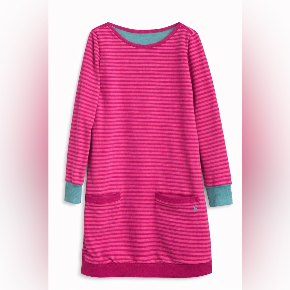 Joules Pink Striped Tunic Dress Girls Long Sleeve Pocket Bunny Logo Size 9-10
